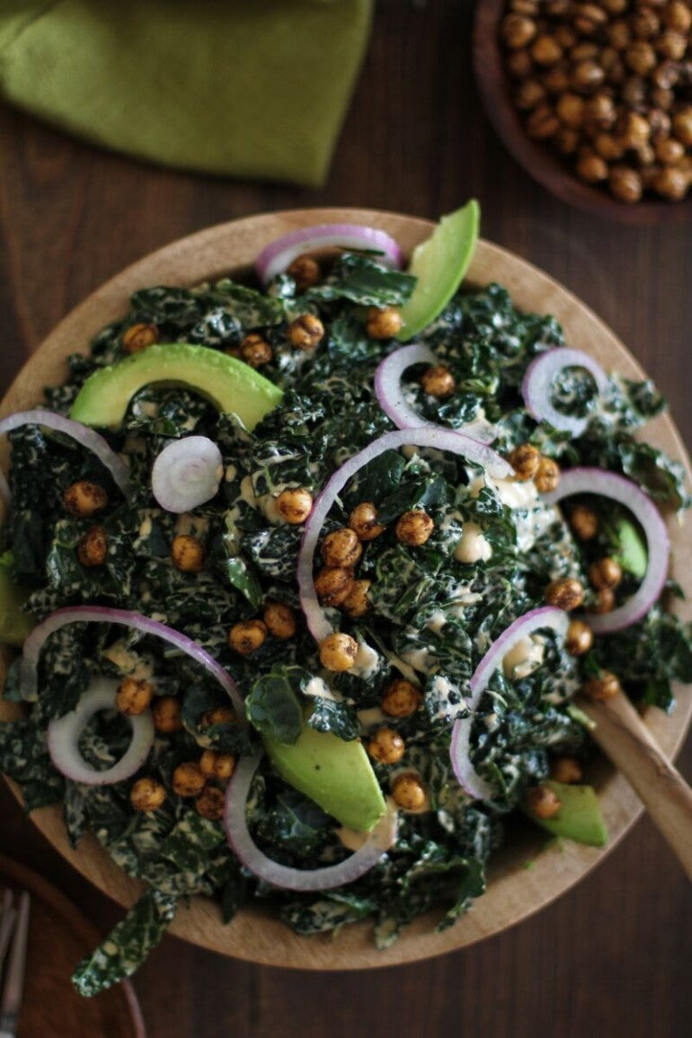 Kale Caesar Salad with Avocado and Roasted Chickpeas