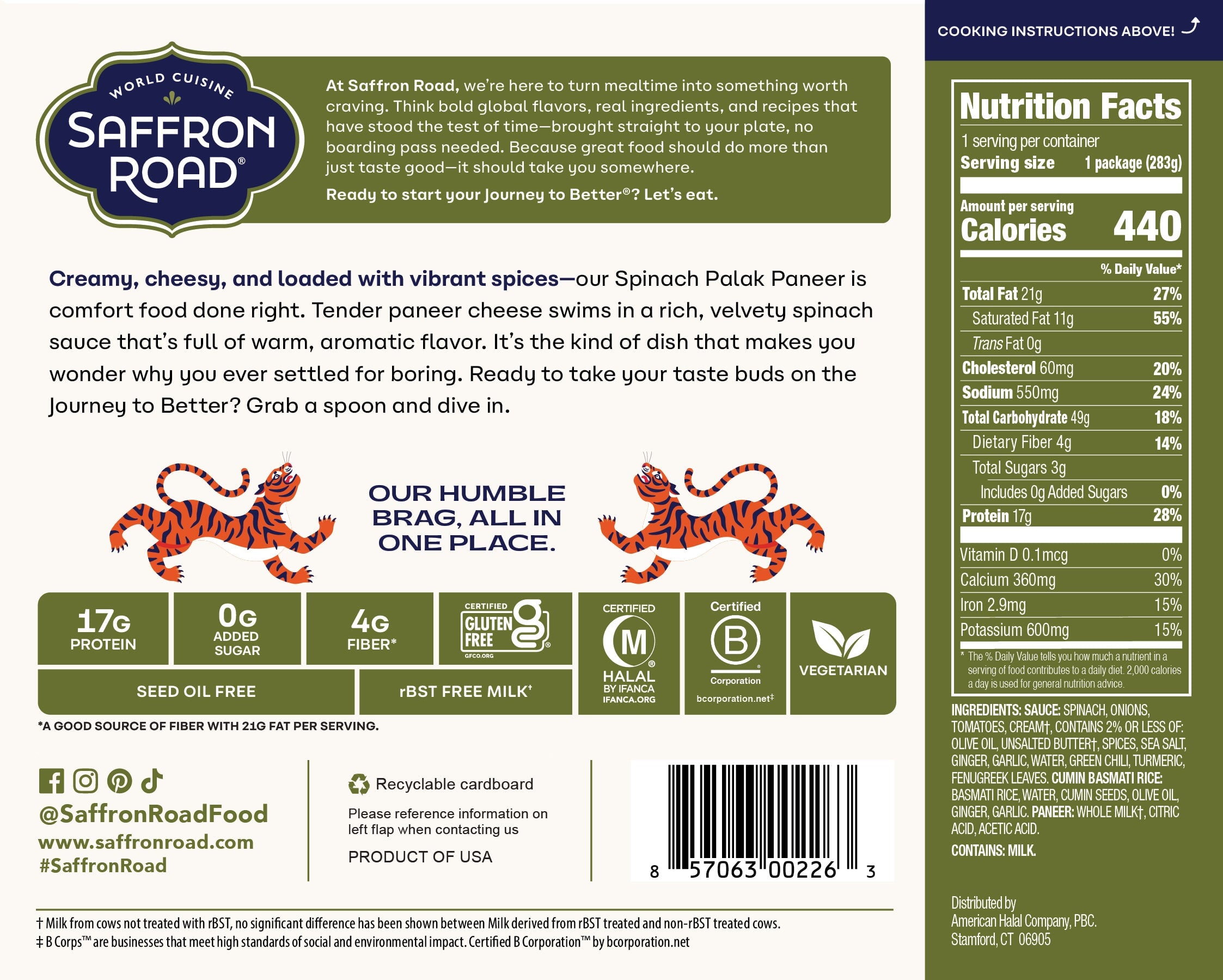 Spinach Palak Paneer Frozen Dinners saffron-road-b2c