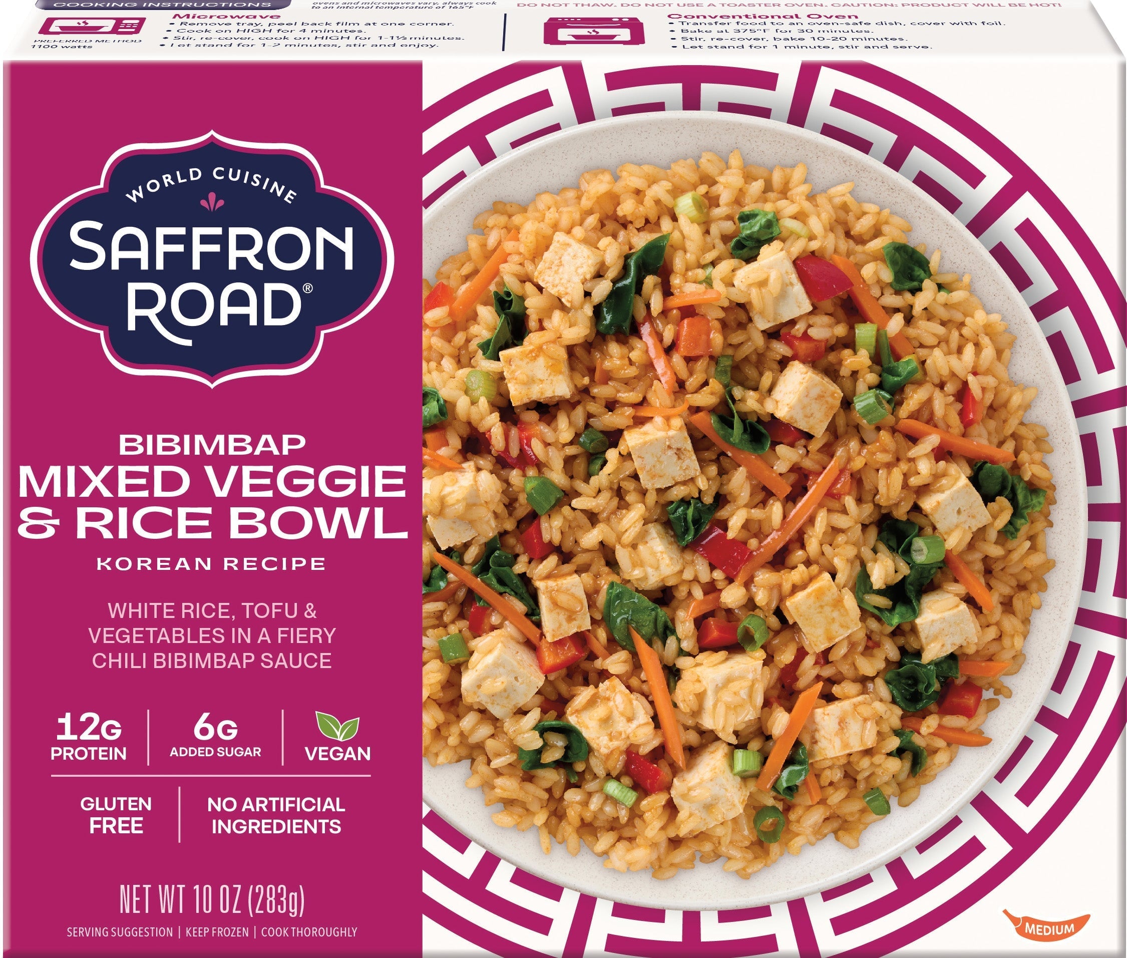 Saffron Road Bibimbap Mixed Veggie & Rice Bowl packaging with a colorful dish on a white background