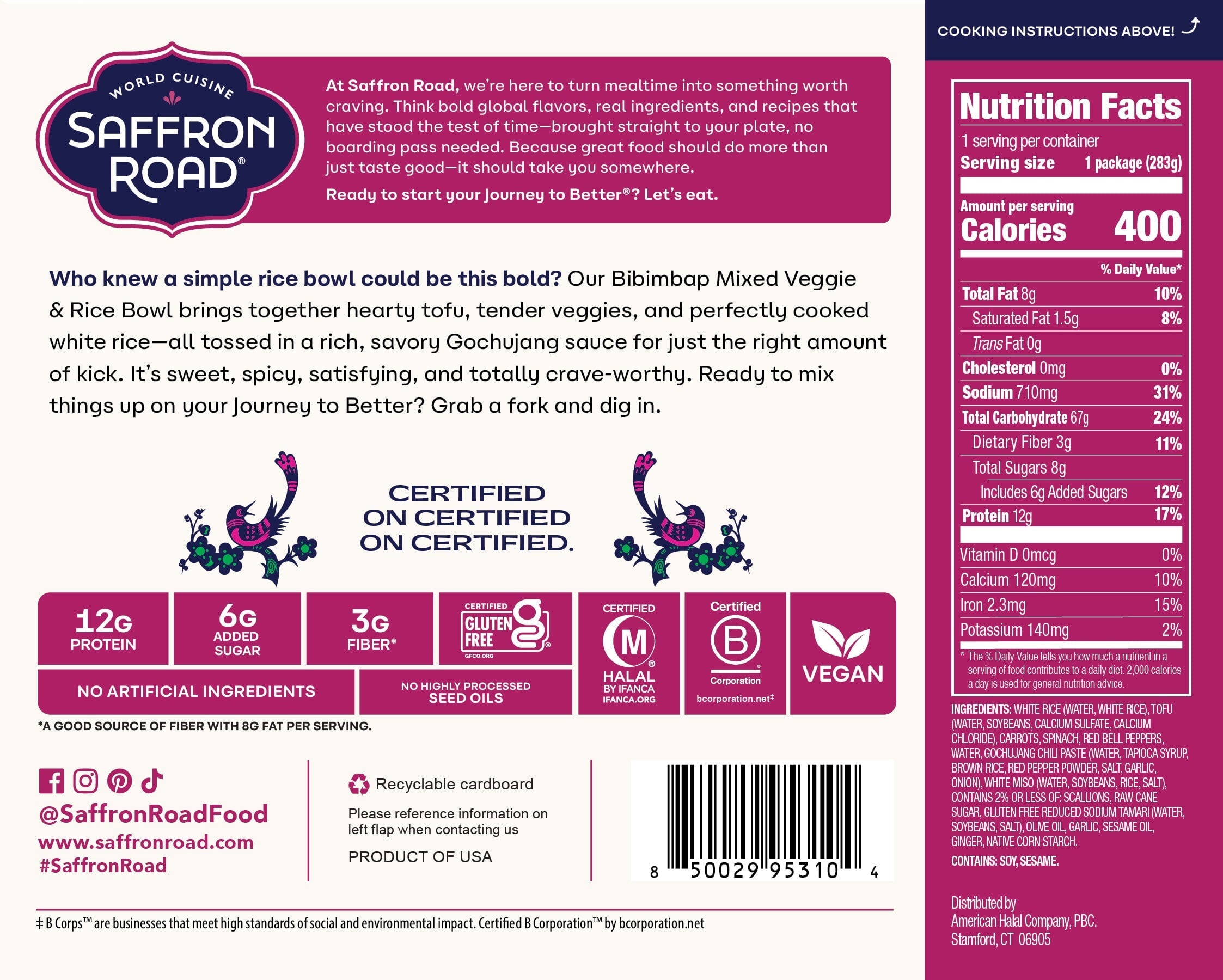 Saffron Road product label with text and graphics on a pink background