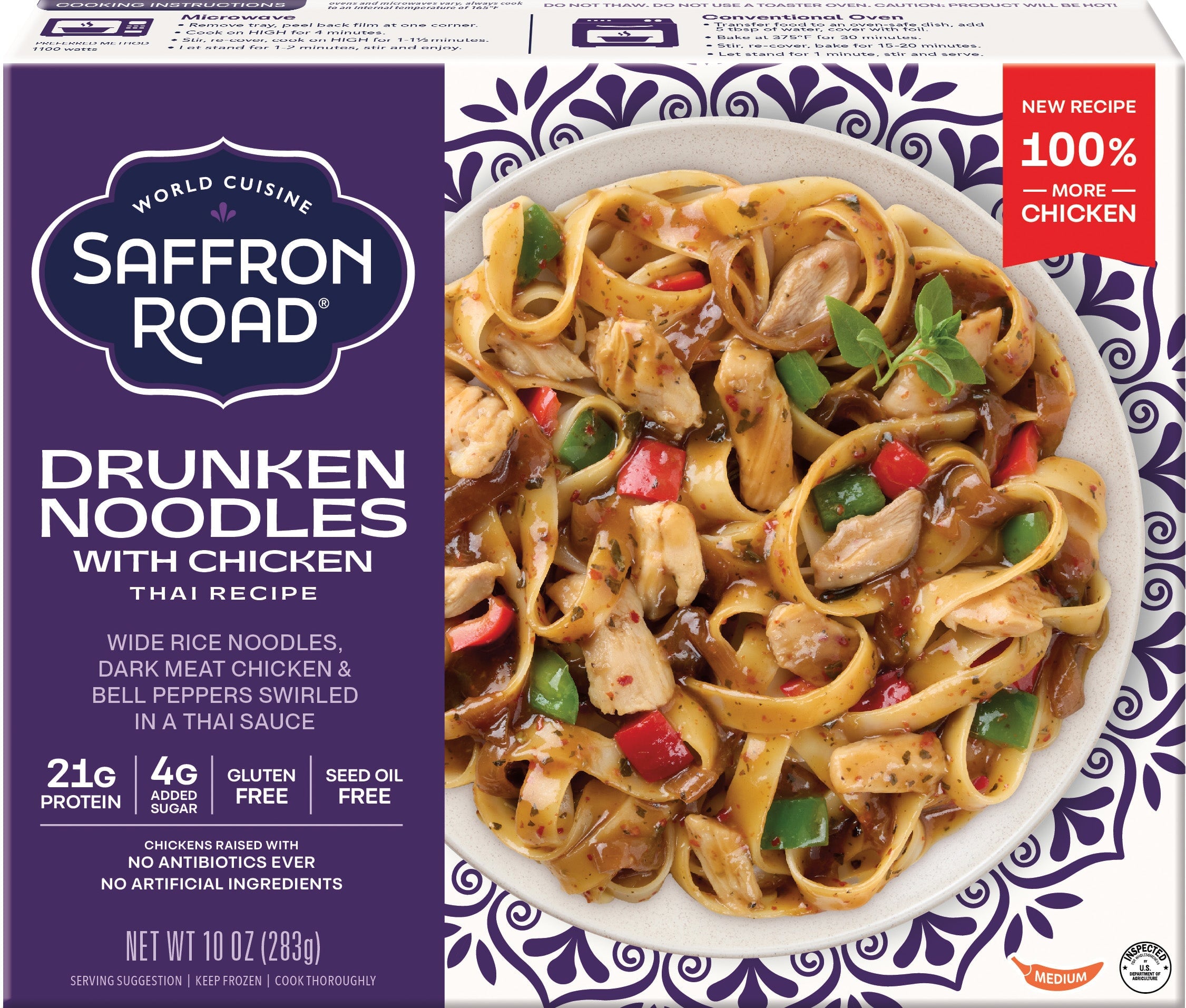Saffron Road Drunken Noodles package. Wide rice noodles, dark meat chicken, bell peppers in Thai sauce. Hot spice, gluten-free, no antibiotics.