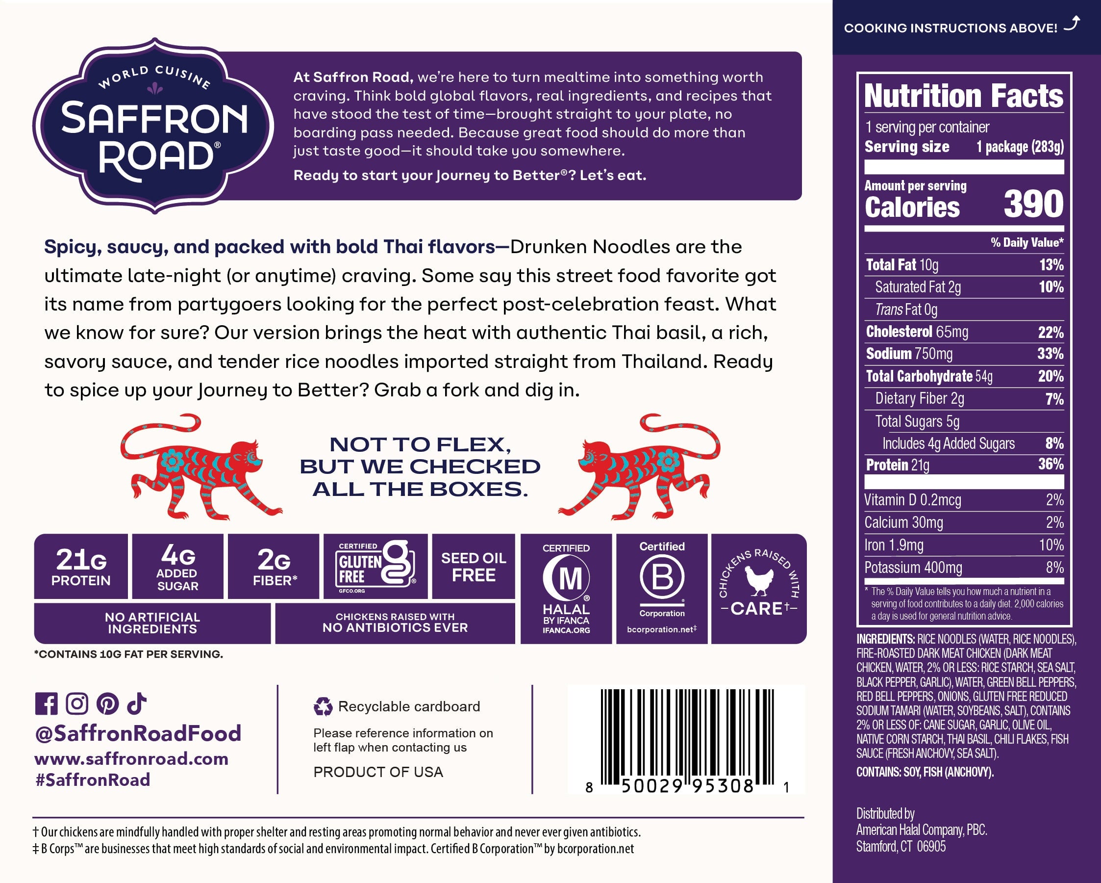 Back of Saffron Road Drunken Noodles package with product info, cooking instructions, and company mission. Includes certification logos.