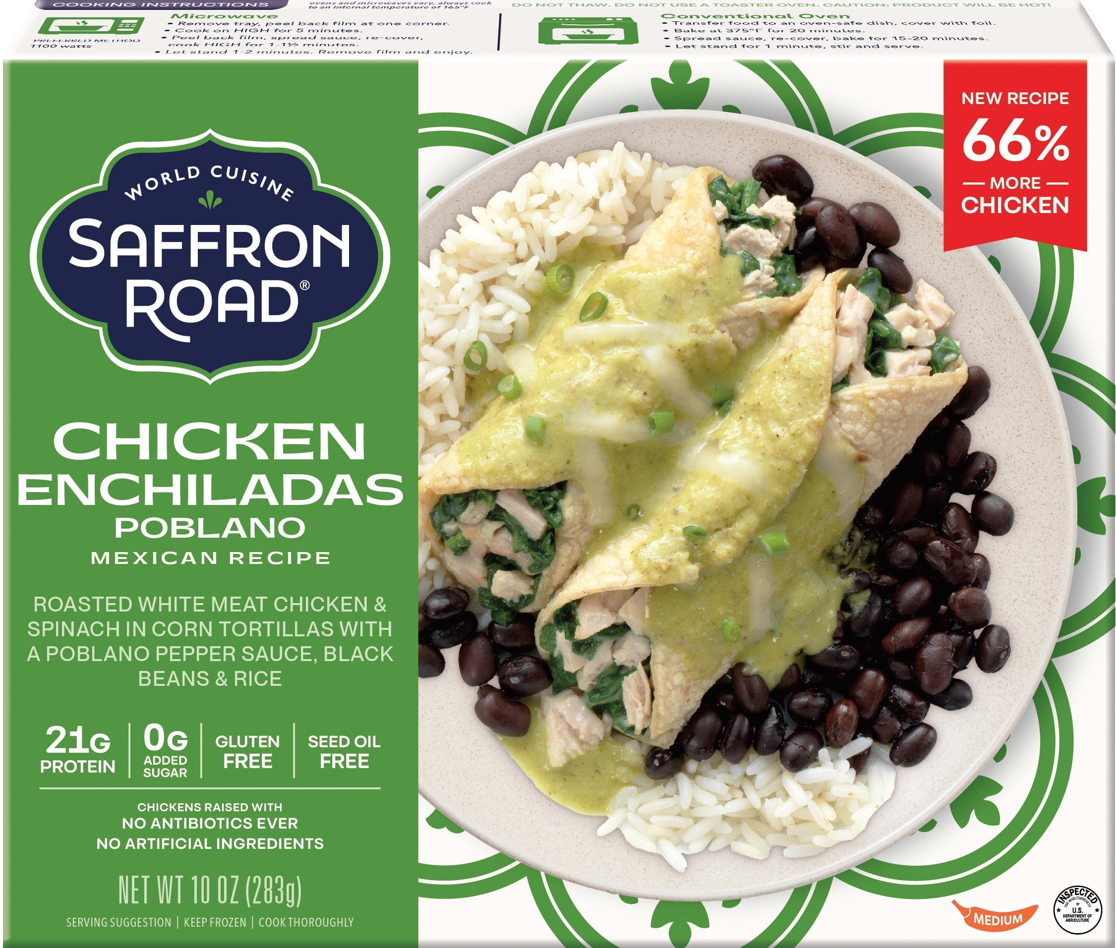 Saffron Road Chicken Enchiladas Poblano packaging with food image