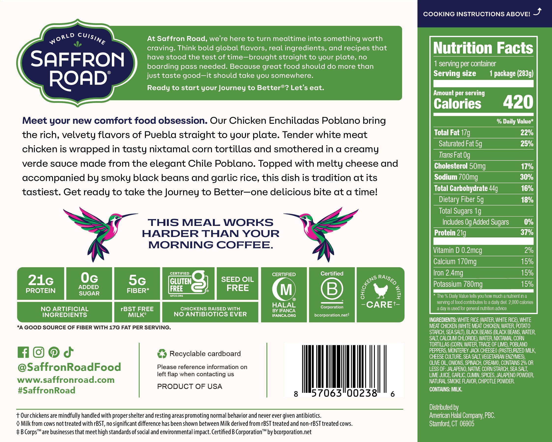 Saffron Road food product label with text and branding