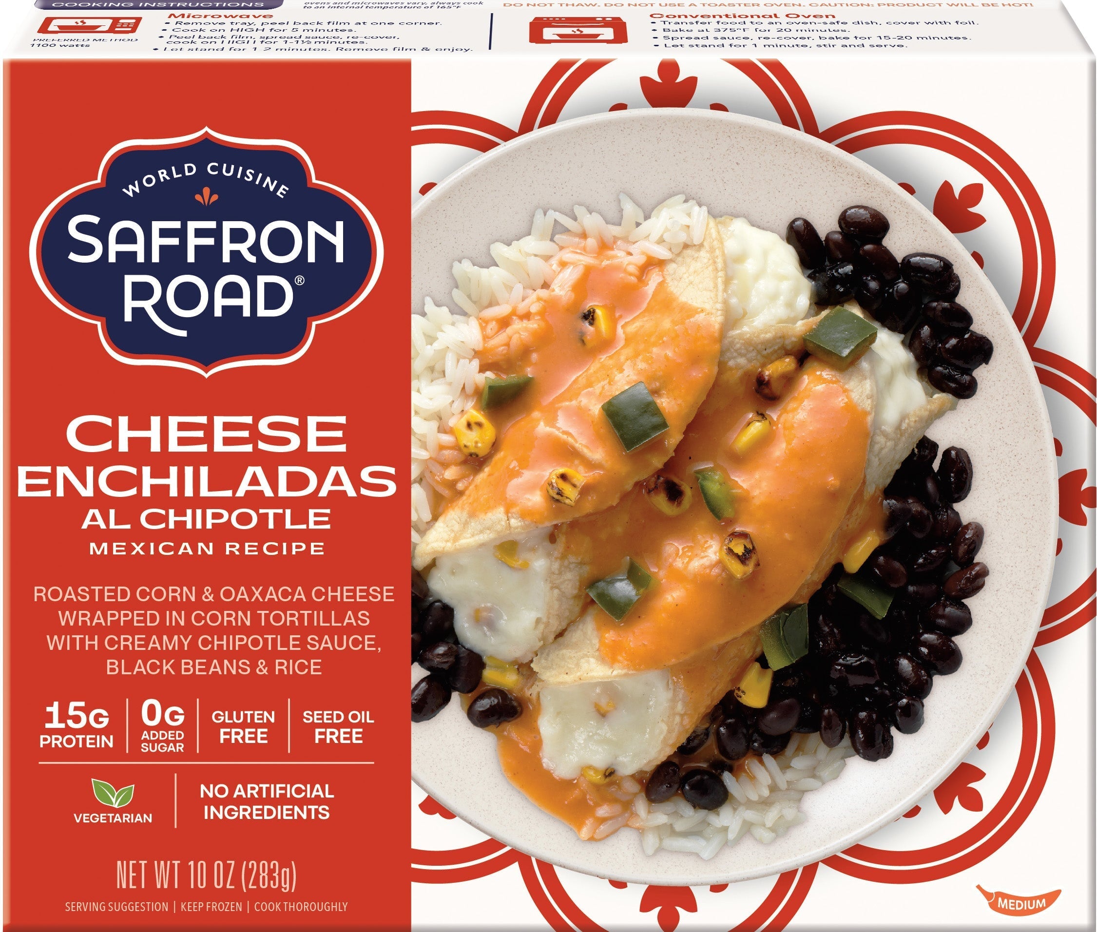 Saffron Road Cheese Enchiladas al Chipotle packaging with a dish of enchiladas on a white plate.