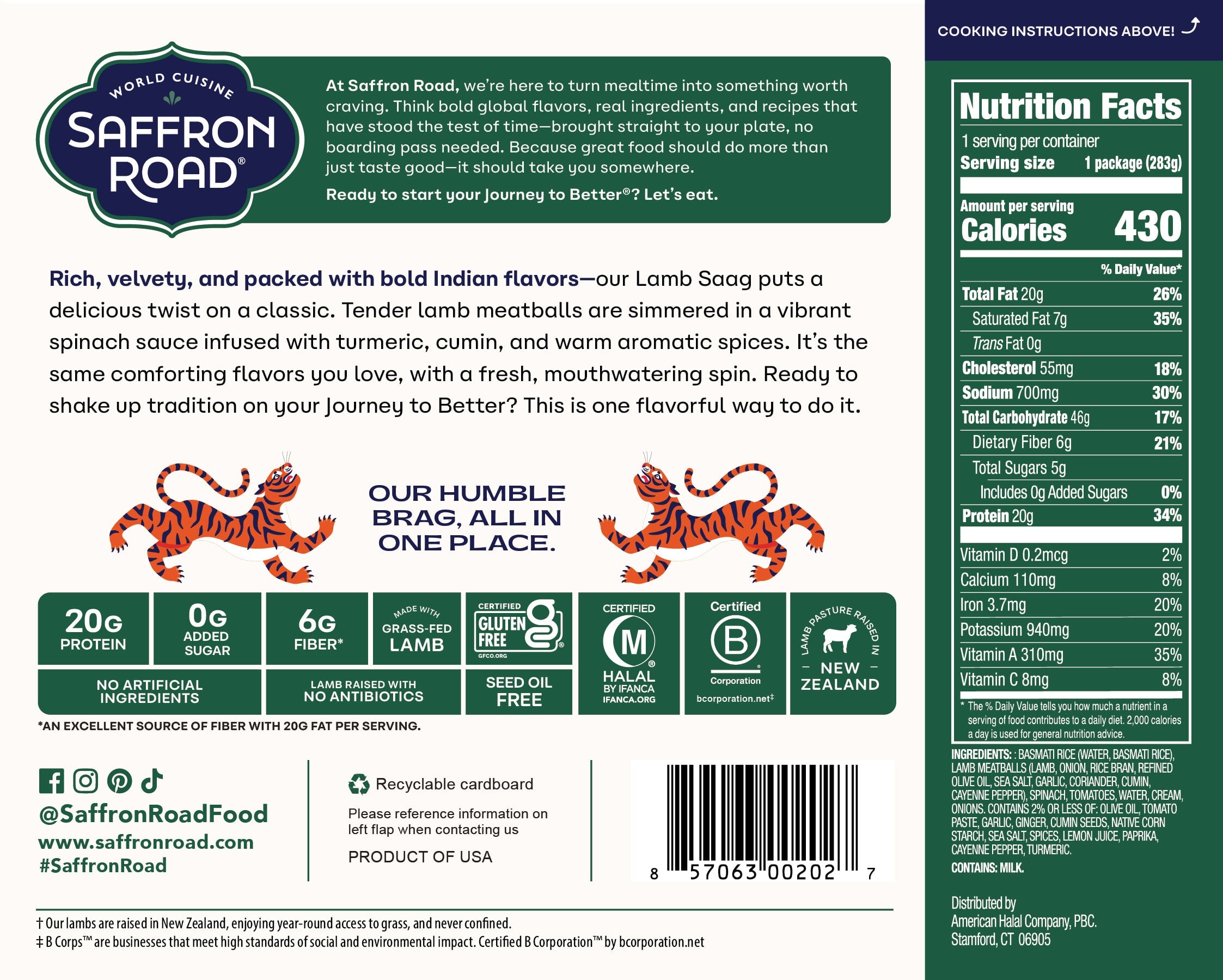 Saffron Road Lamb Saag package with nutritional information and branding details.