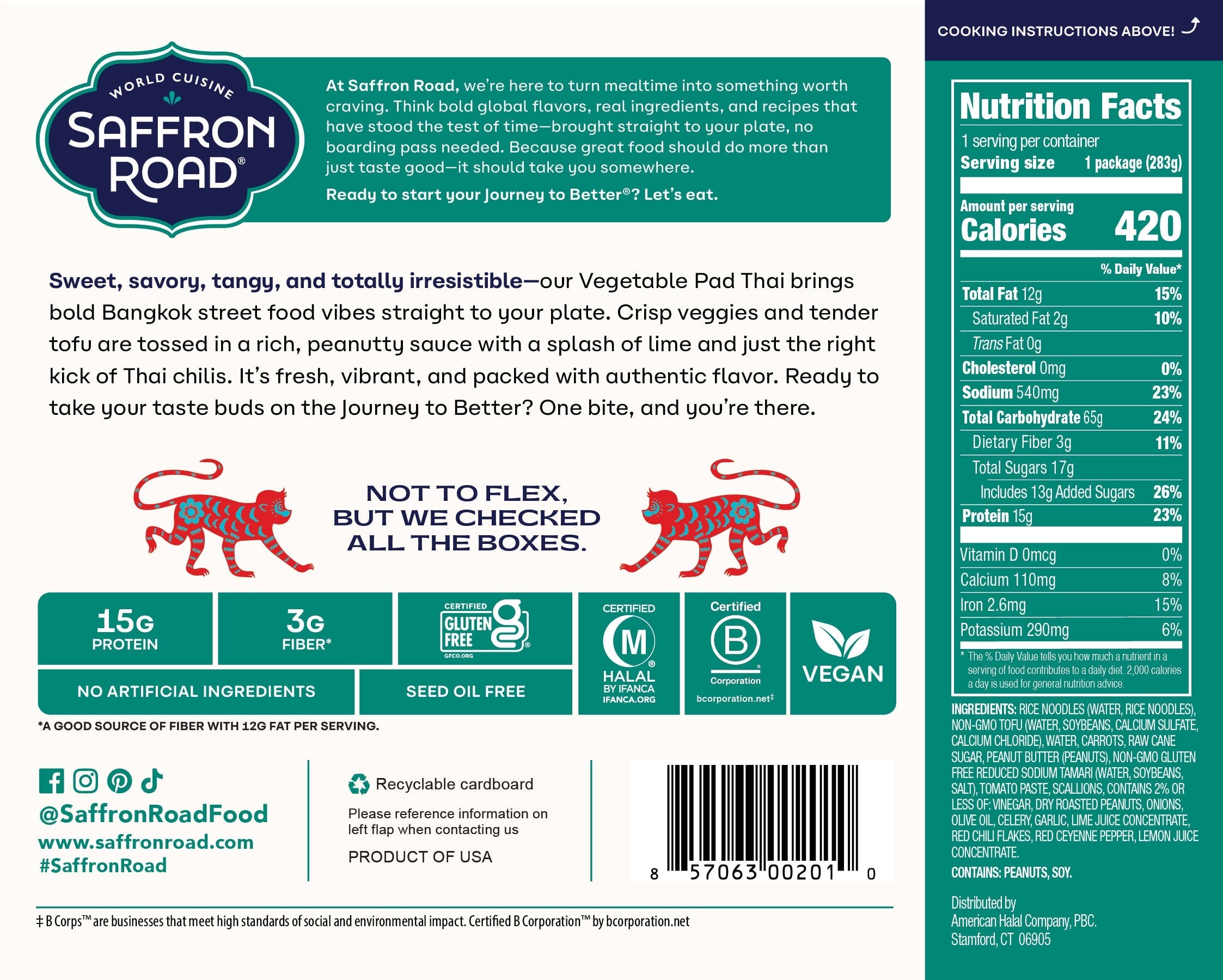 Saffron Road vegetable Pad Thai packaging with nutritional information and branding details.