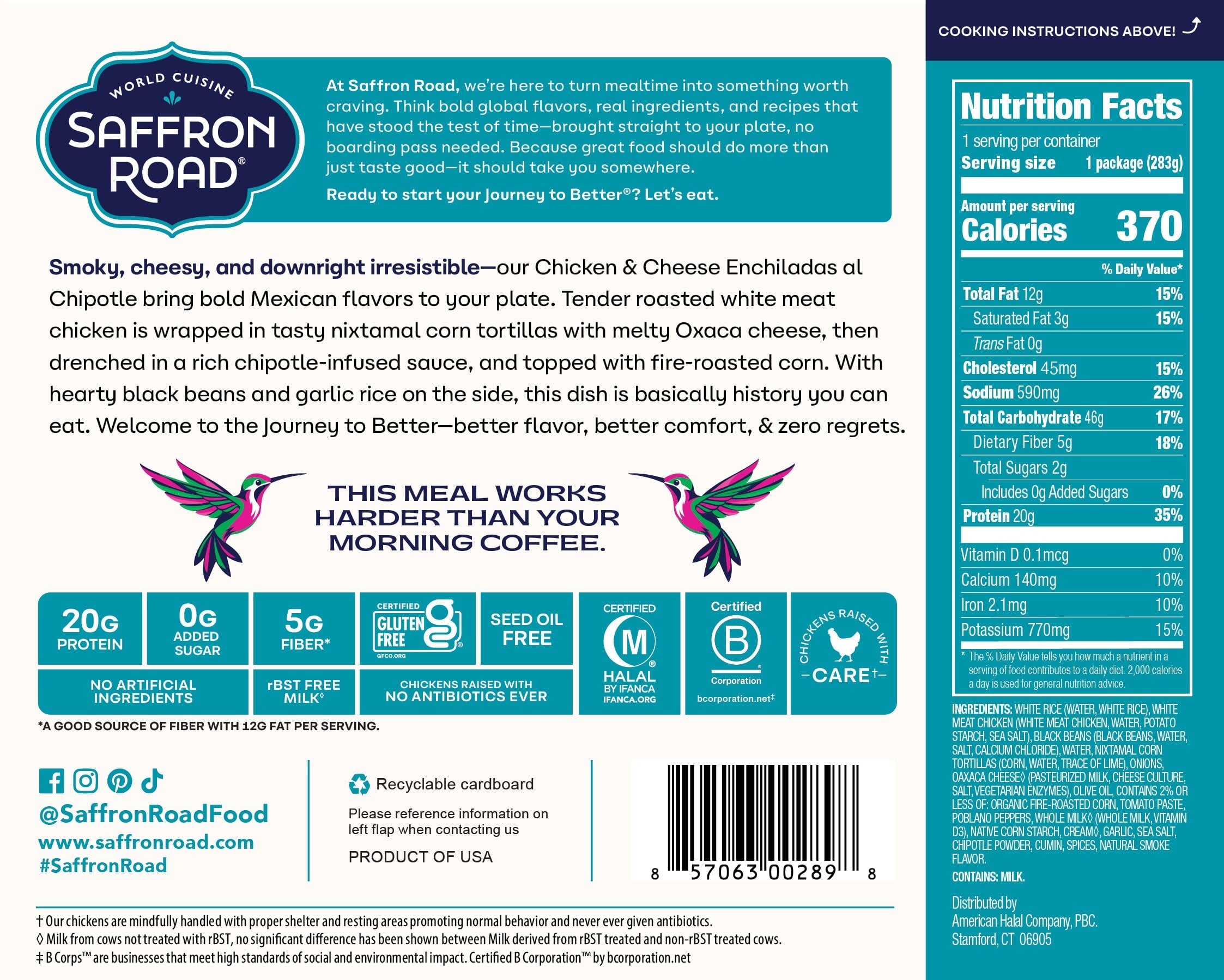 Chicken & Cheese Enchiladas al Chipotle Frozen Dinners saffron-road-b2c