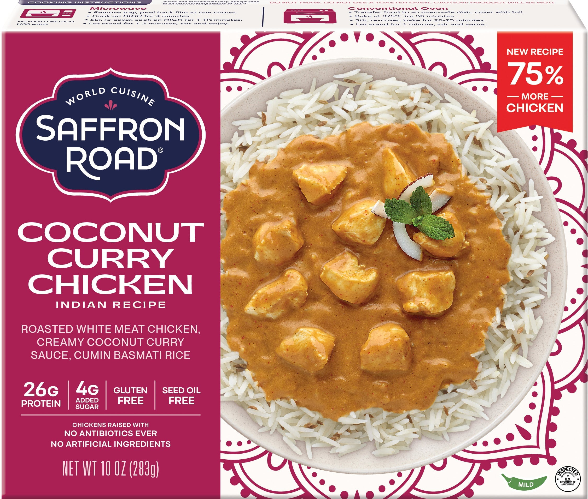 Saffron Road Coconut Curry Chicken packaging with a bowl of curry and rice on a white background.