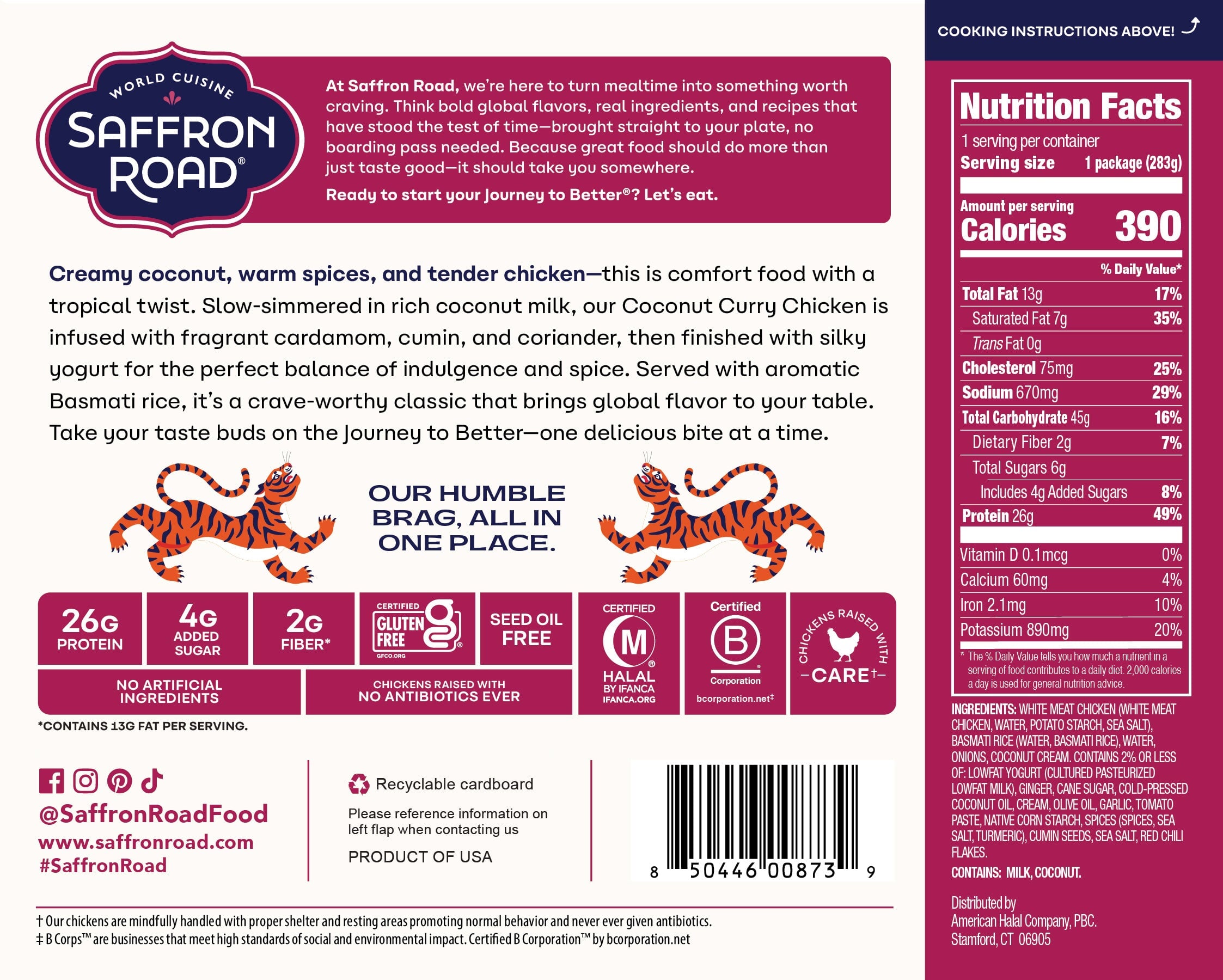 Saffron Road coconut curry chicken packaging with nutritional information and branding details.