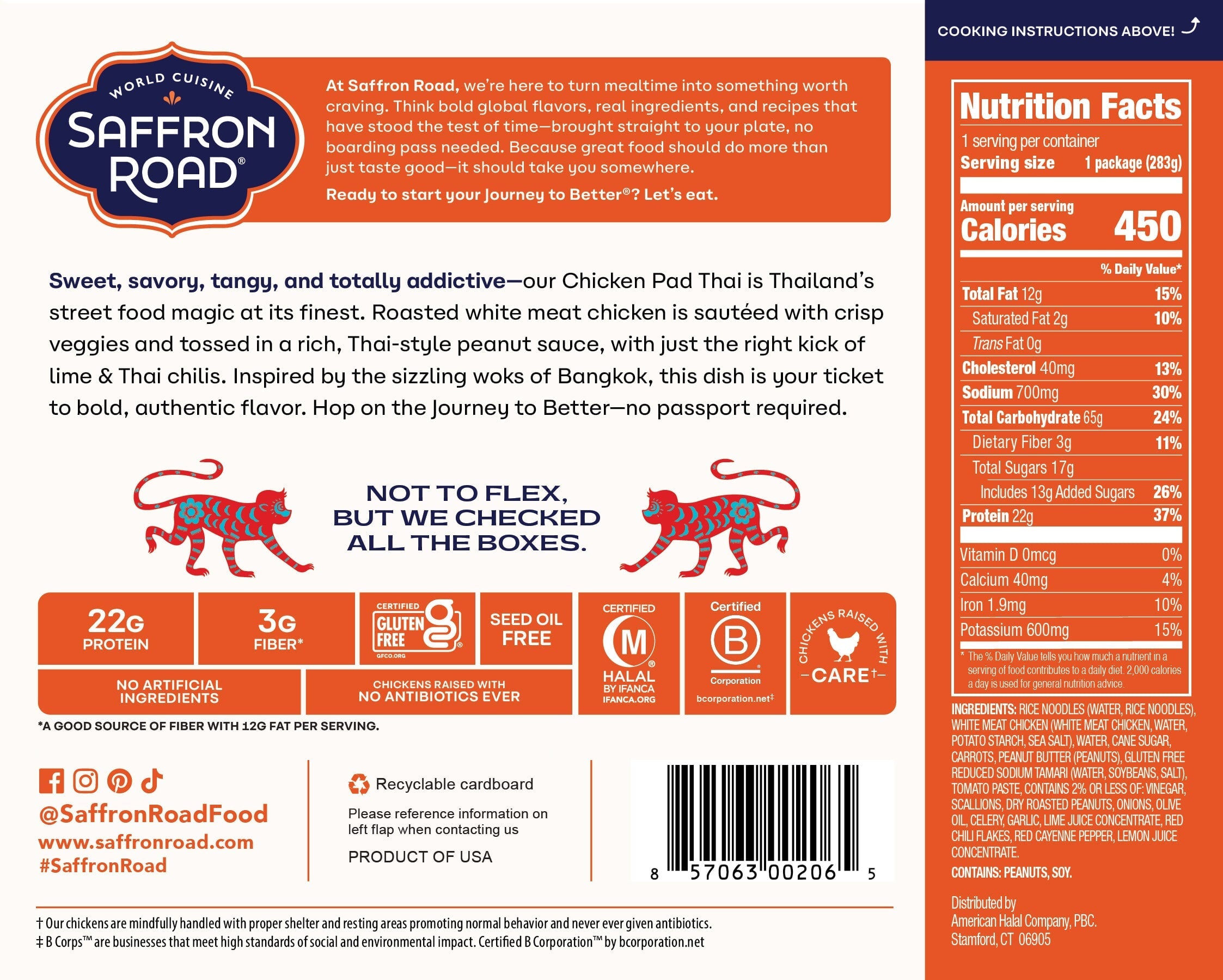 Saffron Road chicken product packaging with text, nutrition facts, and logos.