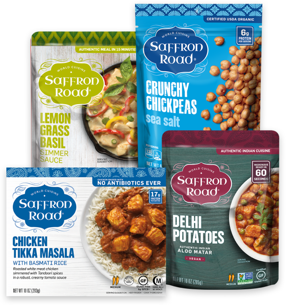 Saffron Road Lemon Grass Basil Simmer Sauce, Crunchy Chickpeas Sea Salt, Chicken Tikka Masala With Basmati Rice and Delhi Potatoes