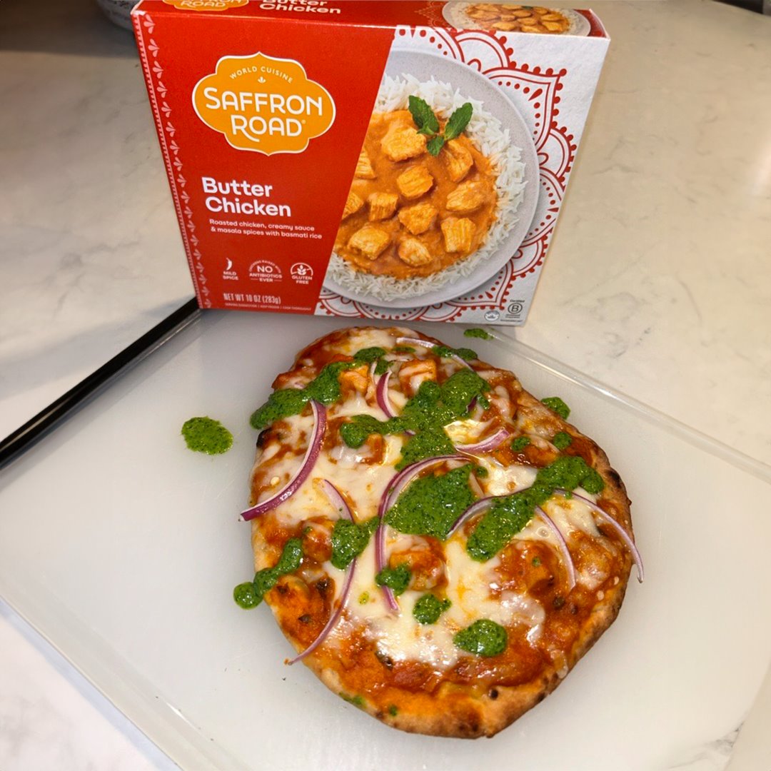 Butter Chicken Naan Pizza  with Cilantro Chutney