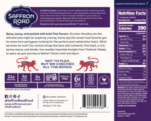 Load image into Gallery viewer, Back of Saffron Road Drunken Noodles package with product info, cooking instructions, and company mission. Includes certification logos.
