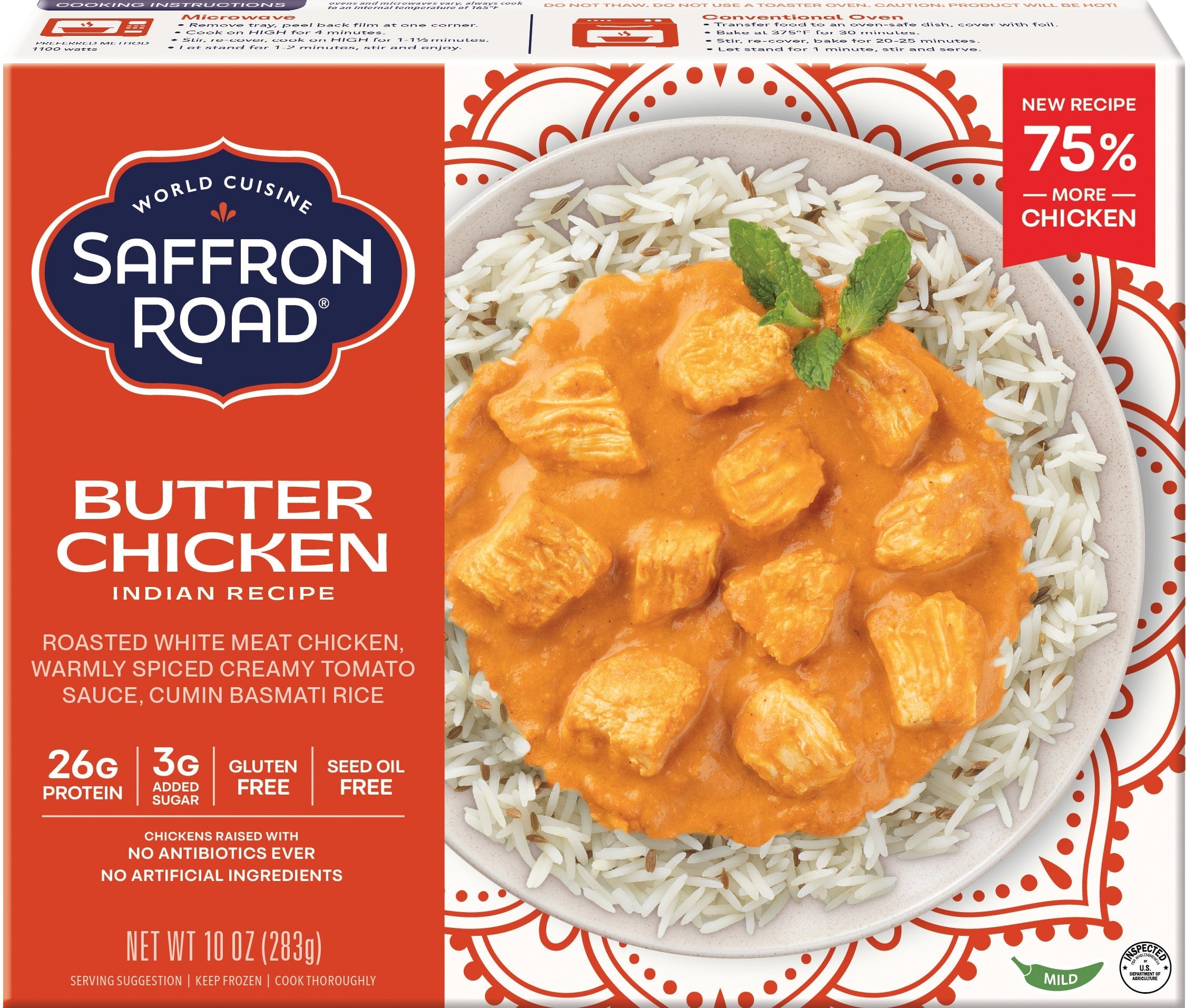 Saffron Road Butter Chicken packaging with a bowl of chicken dish on a red background