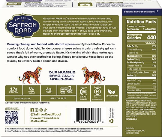 Spinach Palak Paneer Frozen Dinners saffron-road-b2c 