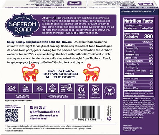 Drunken Noodles with Chicken Frozen Dinners saffron-road-b2c 