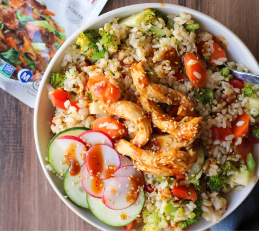 Korean Chicken and Vegetable Bowls with Pickled Cucumber and Radishes