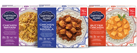 Three Frozen Dinner boxes of Saffron Road Indian cuisine with images of food on a white background 