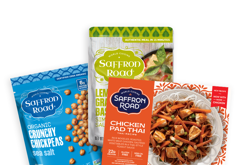 Saffron Road product packaging including Crunchy Chickpeas, Lemon Grass Chicken, and Chicken Pad Thai on a white background.
