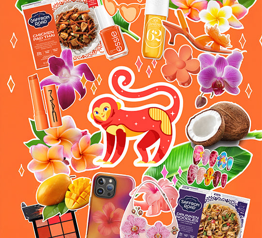 Collage of various products including a phone, food items, and flowers on an orange background.