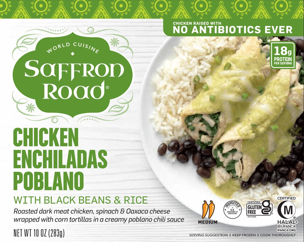 Front of Package with Green Pattern Border, Chicken Raised with No Antibiotics Ever Text, 18g Protein Per Serving, Medium Spice, Gluten-Free, Halal